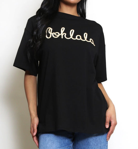 Women's Gymx Black Embroidered Oohlala Slogan T-Shirt